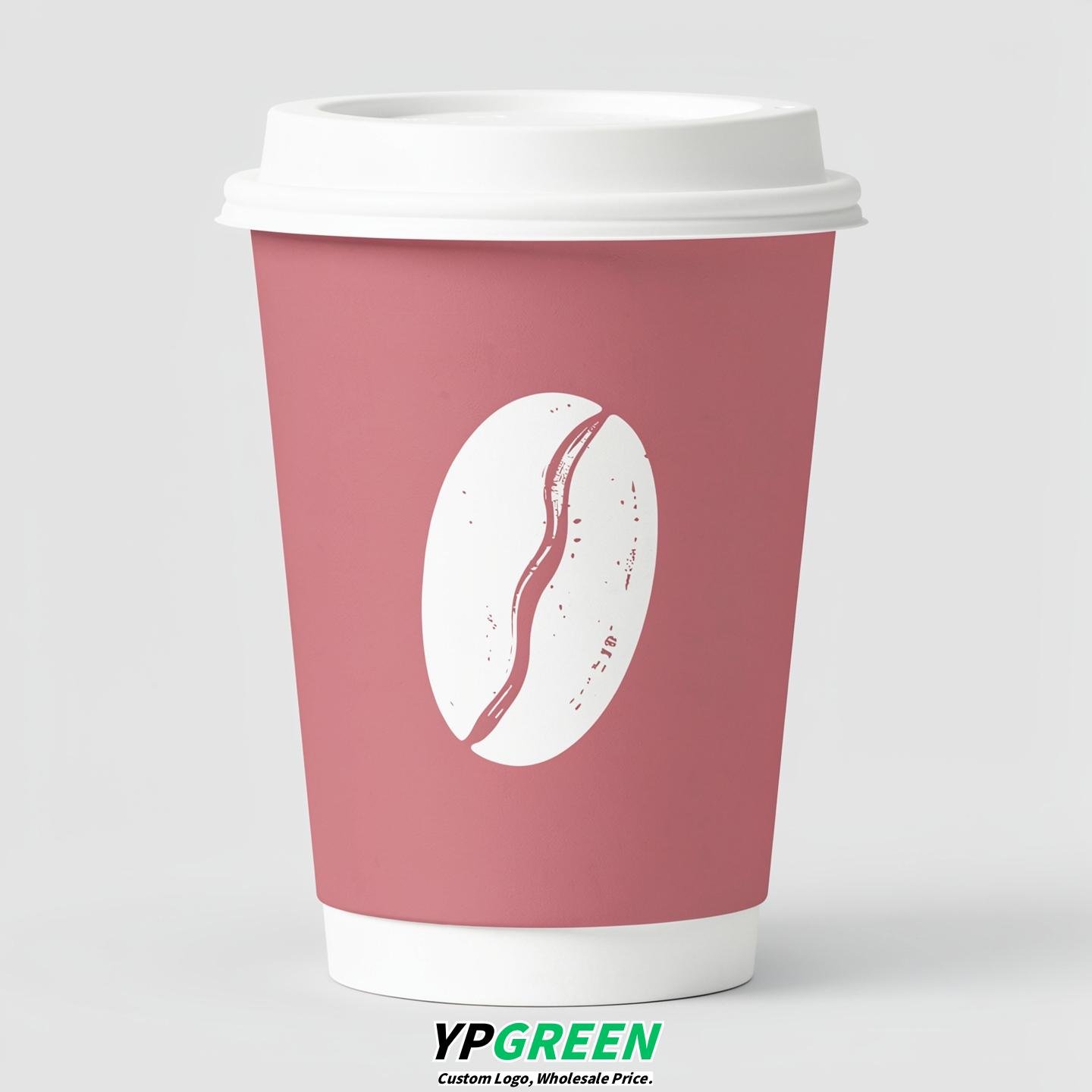 Rose Pink Paper Cups with Coffee Bean Logo & Lids 8-24oz