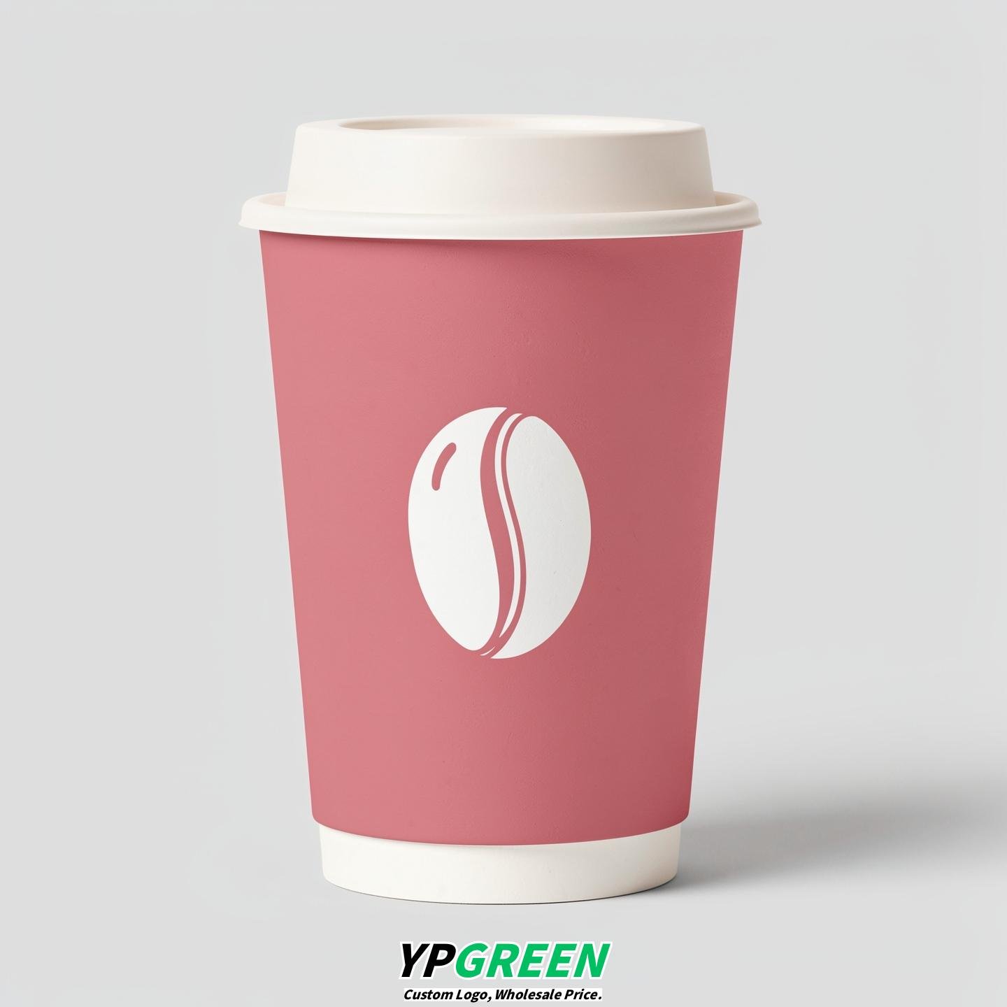 Rose Pink Paper Cups with Coffee Bean Logo & Lids 8-24oz