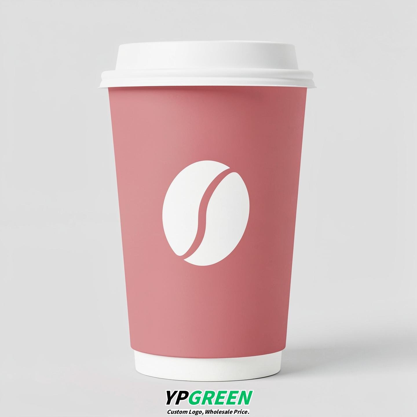 Rose Pink Paper Cups with Coffee Bean Logo & Lids 8-24oz