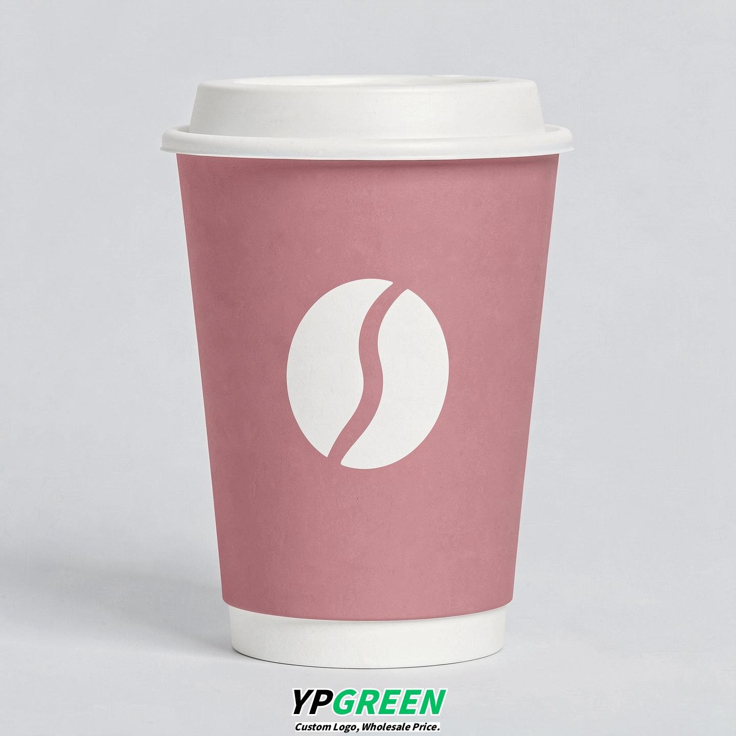 Rose Pink Paper Cups with Coffee Bean Logo & Lids 8-24oz
