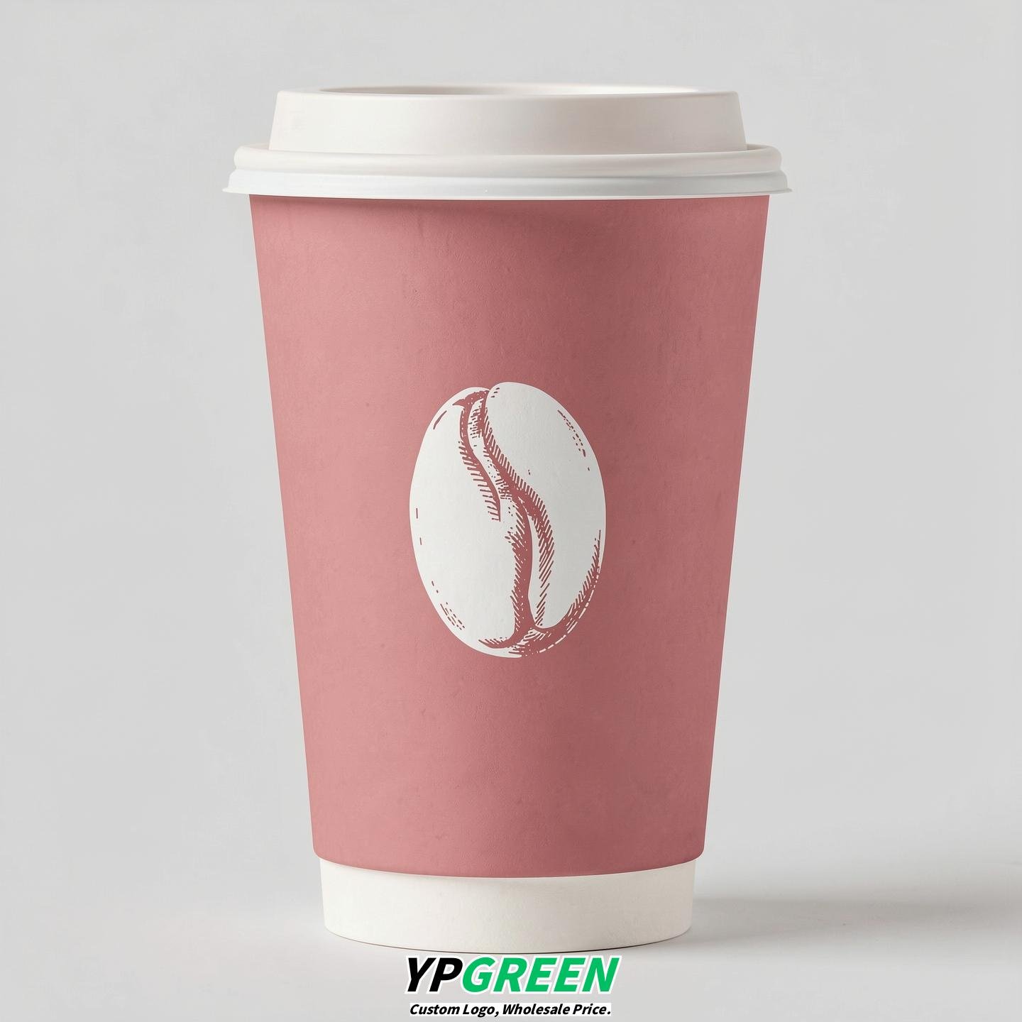 Rose Pink Paper Cups with Coffee Bean Logo & Lids 8-24oz
