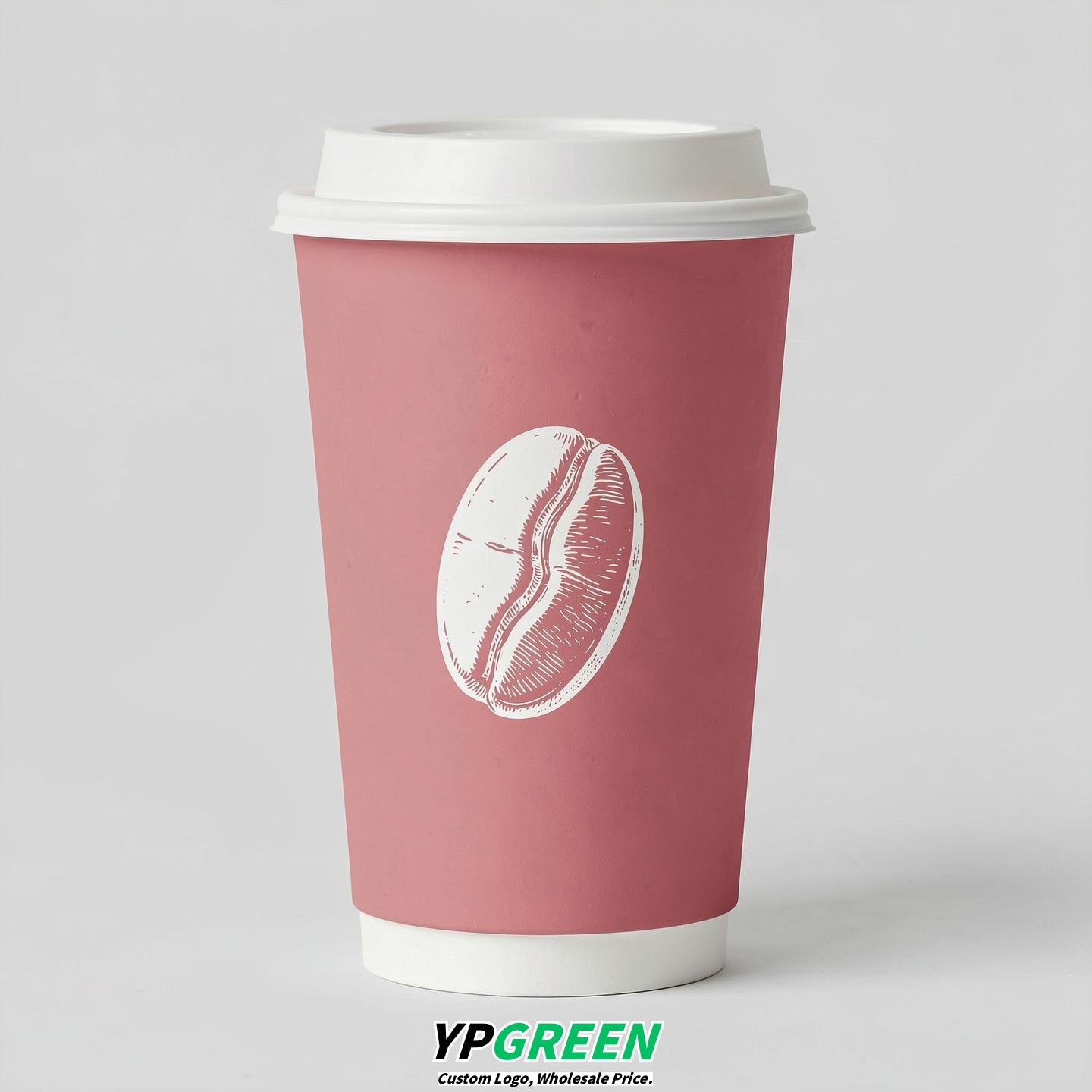 Rose Pink Paper Cups with Coffee Bean Logo & Lids 8-24oz