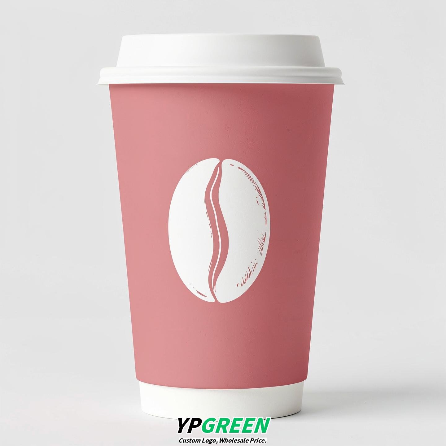 Rose Pink Paper Cups with Coffee Bean Logo & Lids 8-24oz