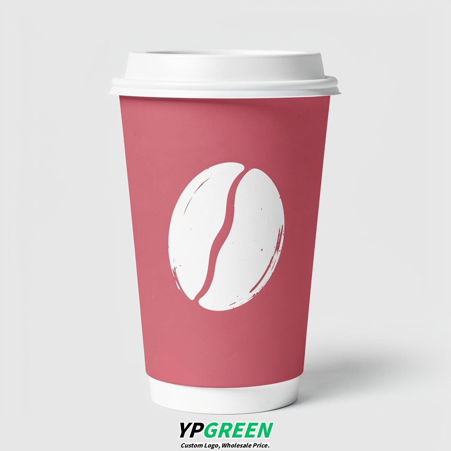 Rose Pink Paper Cups with Coffee Bean Logo & Lids 8-24oz