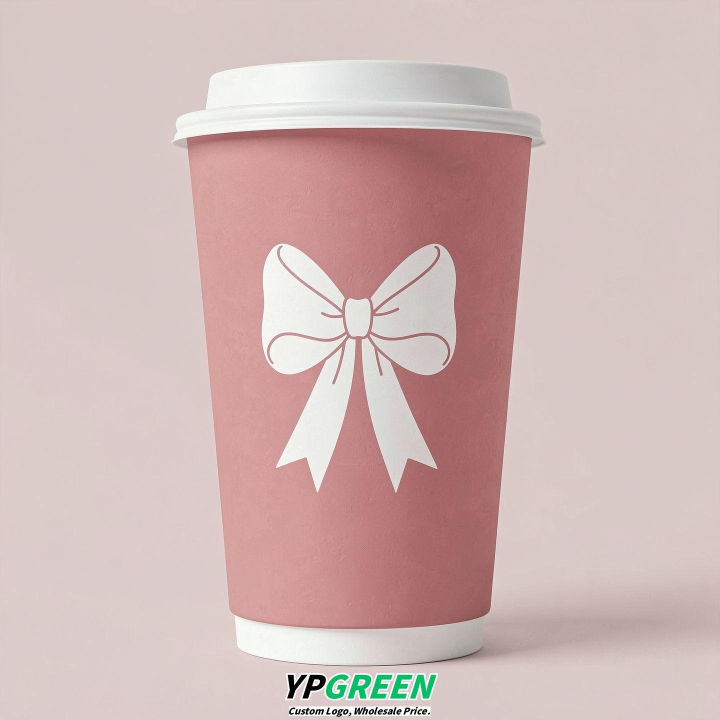Rose Pink Paper Cups with Bow Logo & Lids 8-24oz