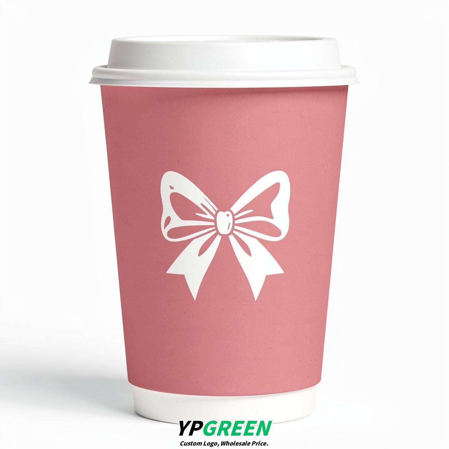 Rose Pink Paper Cups with Bow Logo & Lids 8-24oz