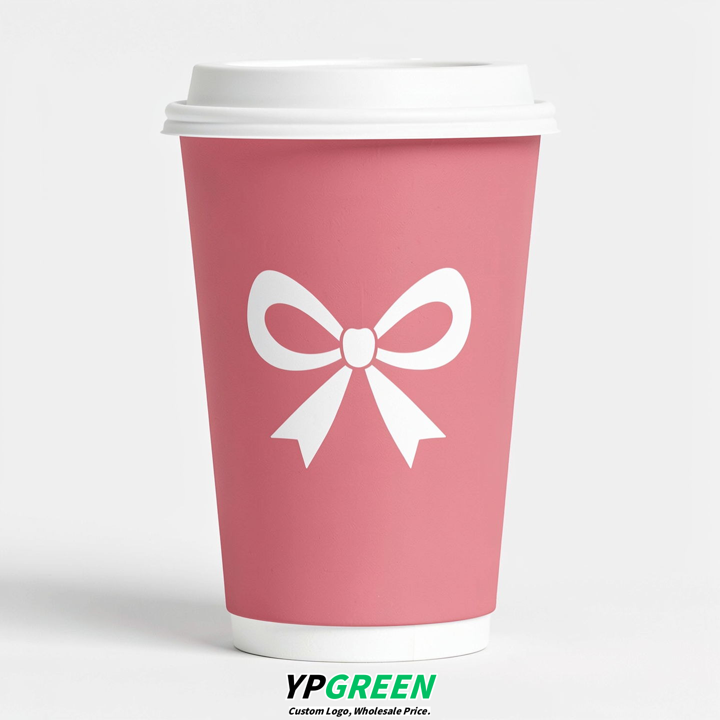 Rose Pink Paper Cups with Bow Logo & Lids 8-24oz