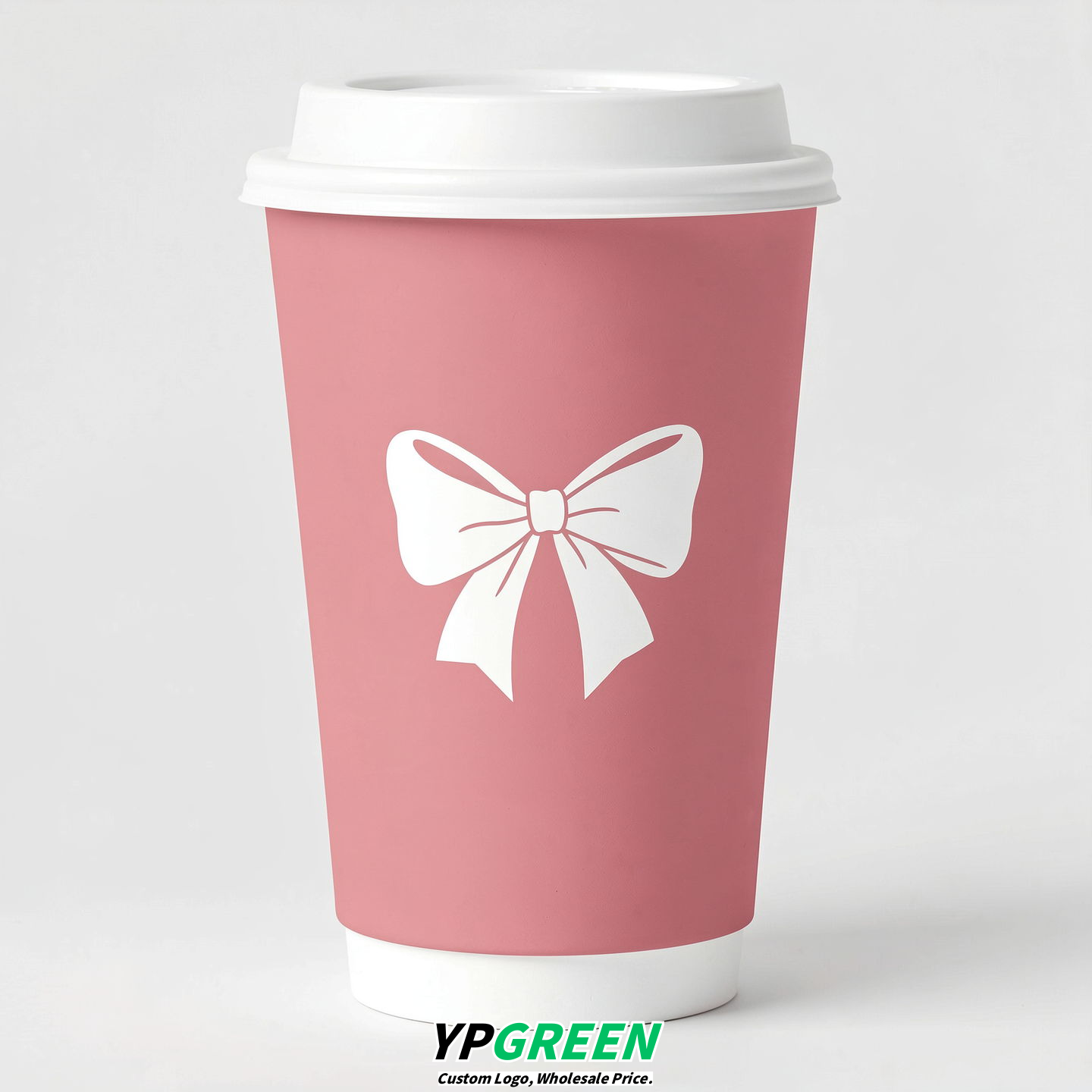 Rose Pink Paper Cups with Bow Logo & Lids 8-24oz