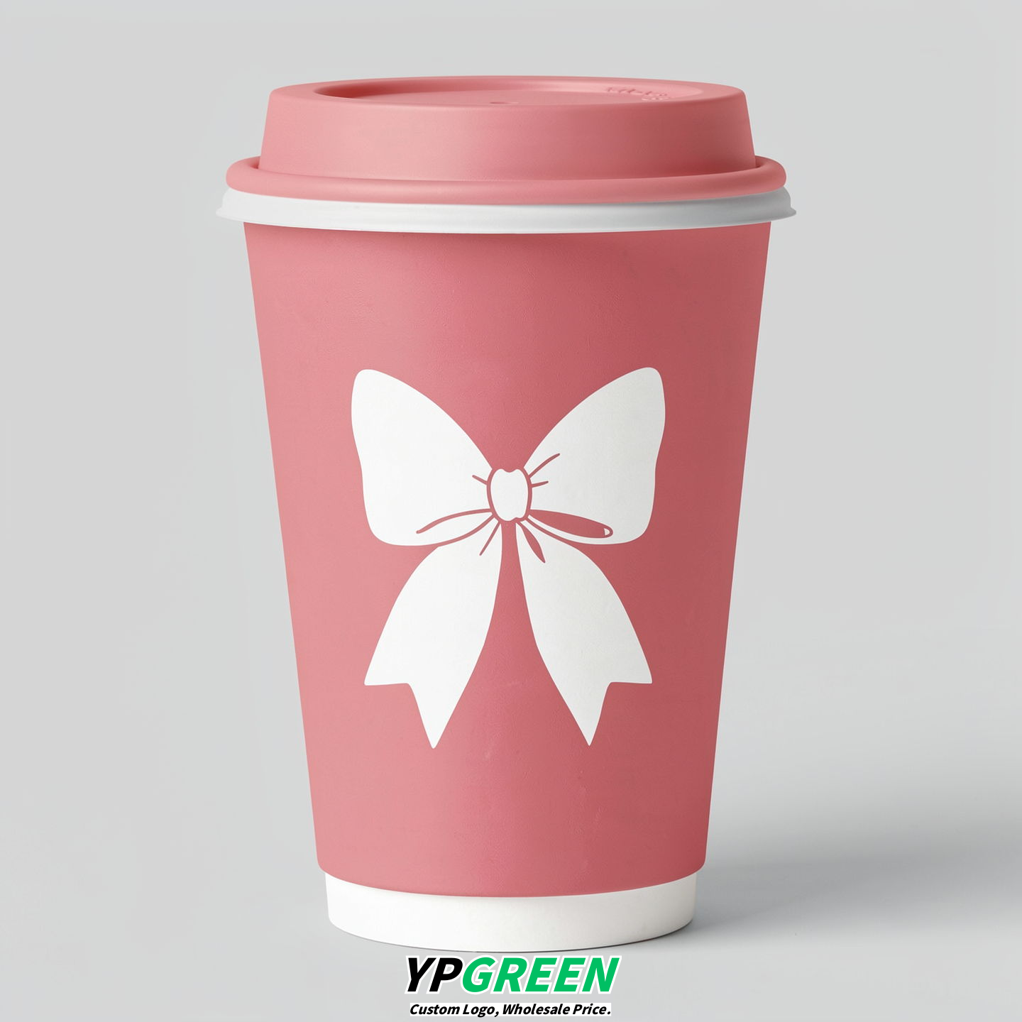 Rose Pink Paper Cups with Bow Logo & Lids 8-24oz