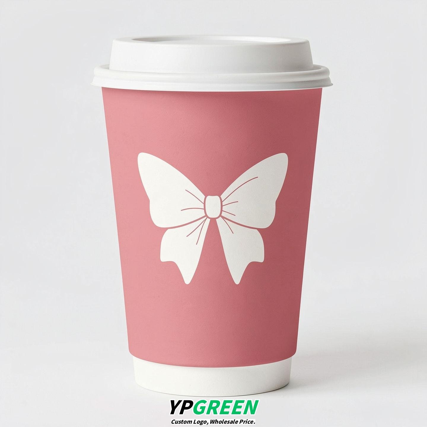 Rose Pink Paper Cups with Bow Logo & Lids 8-24oz