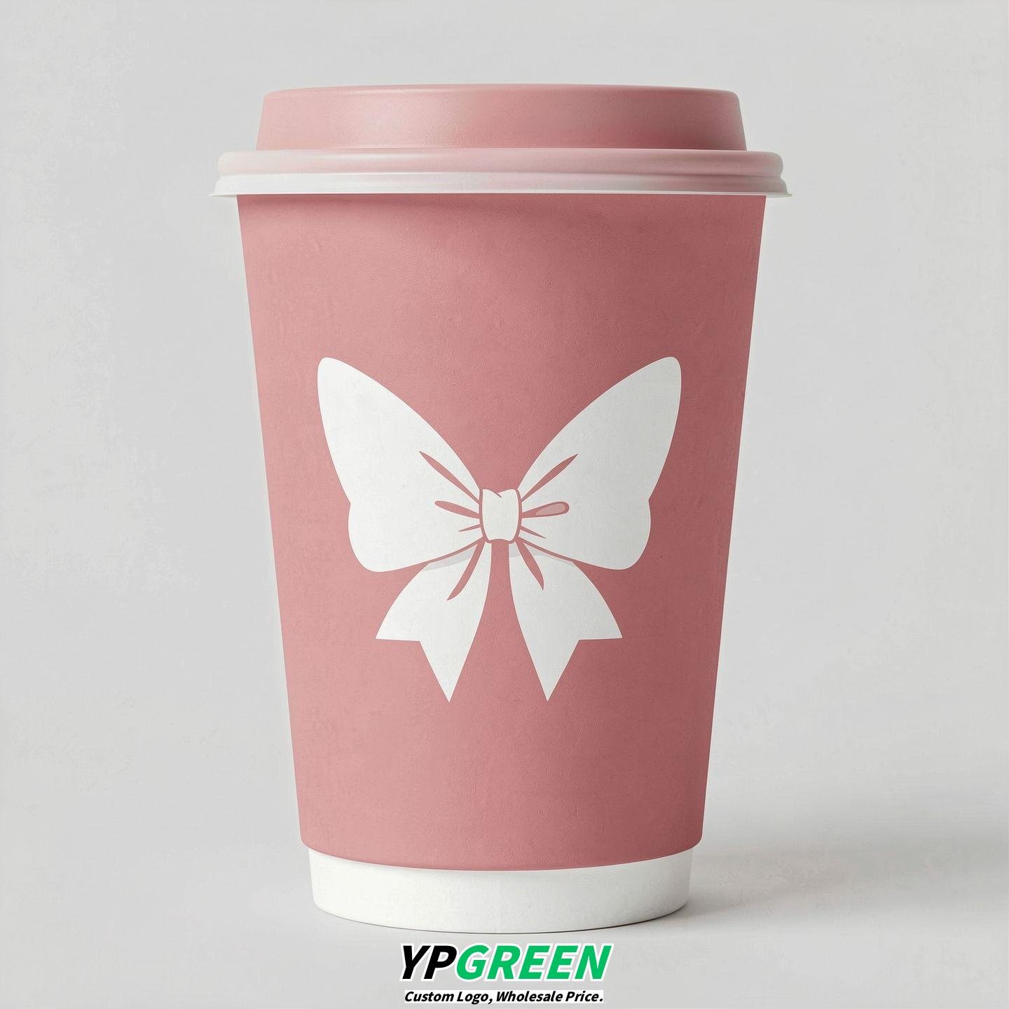 Rose Pink Paper Cups with Bow Logo & Lids 8-24oz