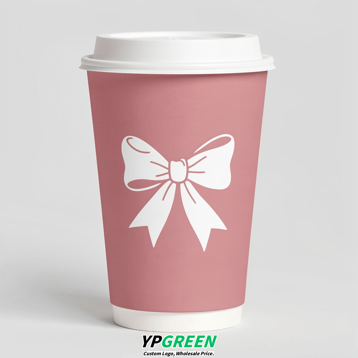 Rose Pink Paper Cups with Bow Logo & Lids 8-24oz