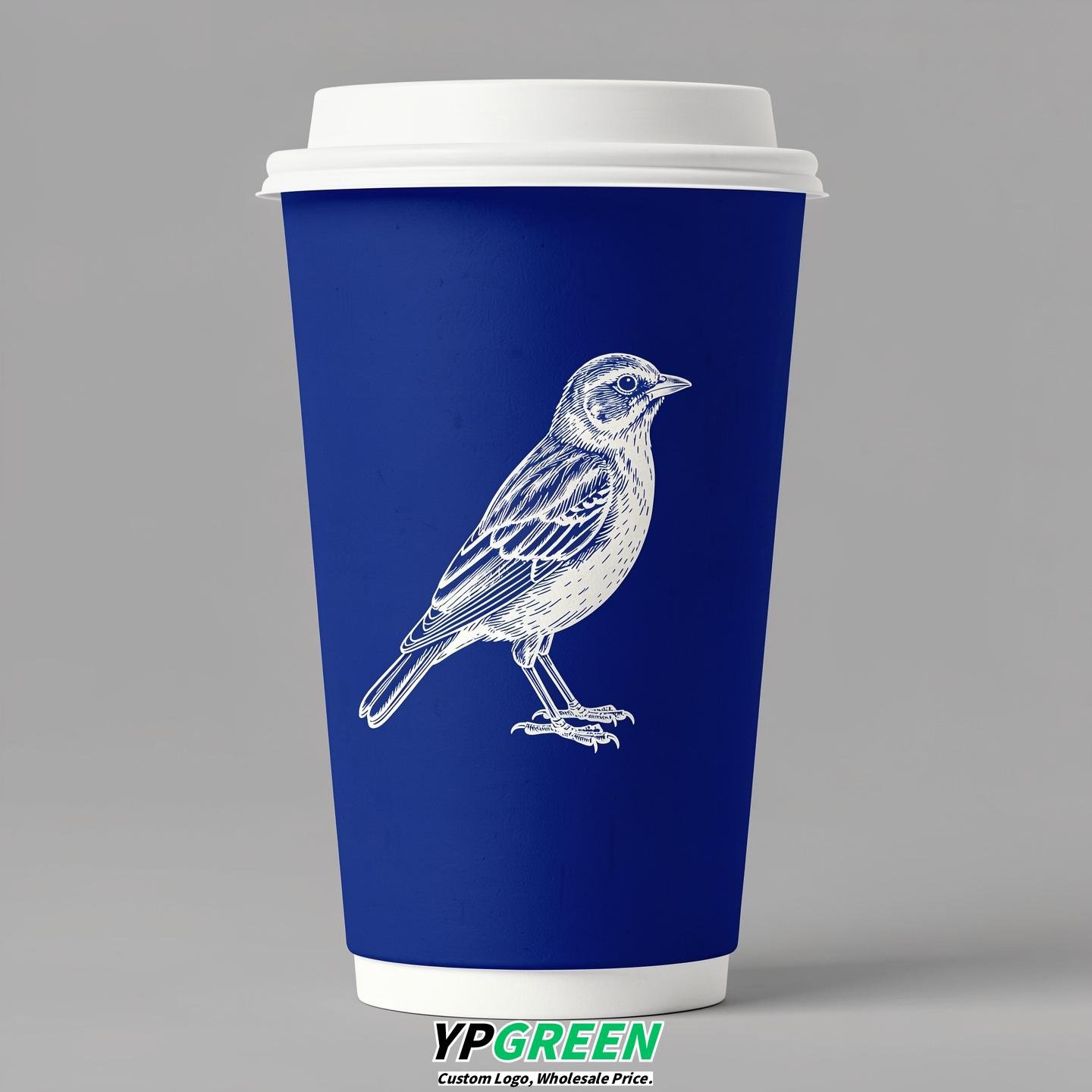 Royal Blue Paper Cups with Bird Logo & Lids 8-24oz