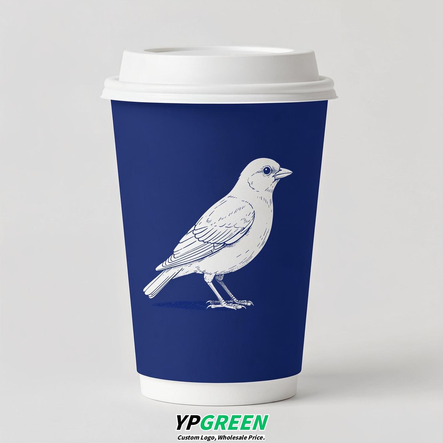 Royal Blue Paper Cups with Bird Logo & Lids 8-24oz