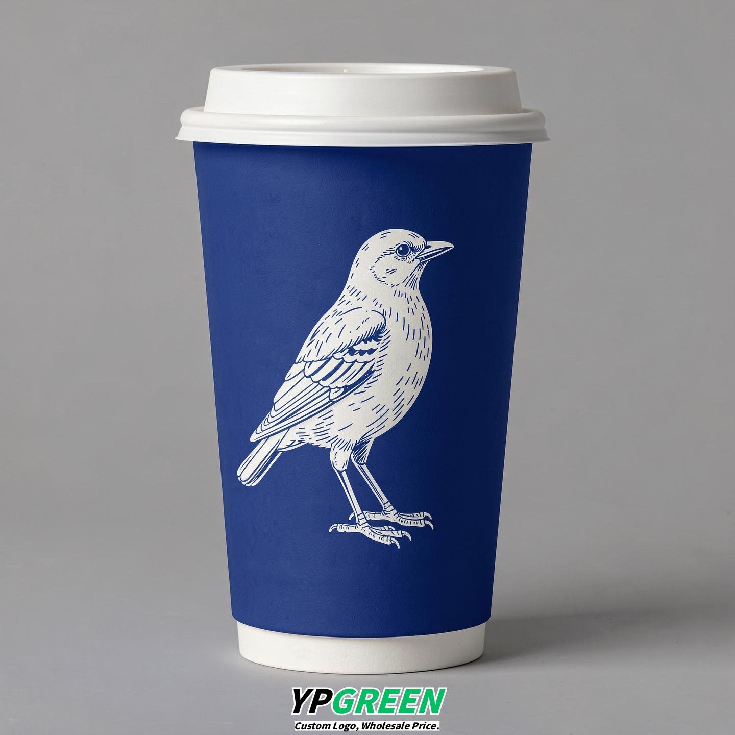 Royal Blue Paper Cups with Bird Logo & Lids 8-24oz
