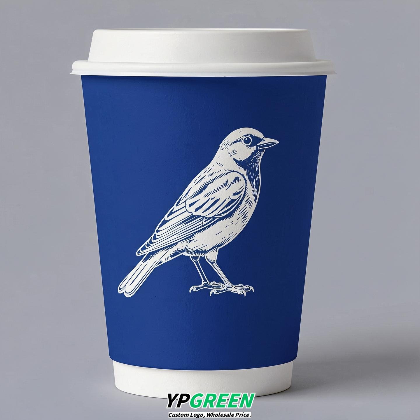 Royal Blue Paper Cups with Bird Logo & Lids 8-24oz