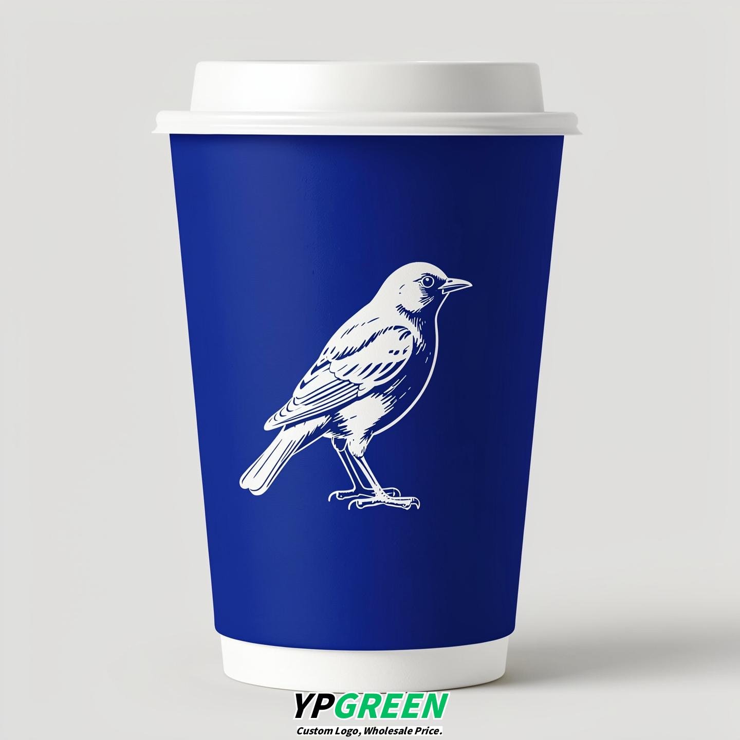 Royal Blue Paper Cups with Bird Logo & Lids 8-24oz