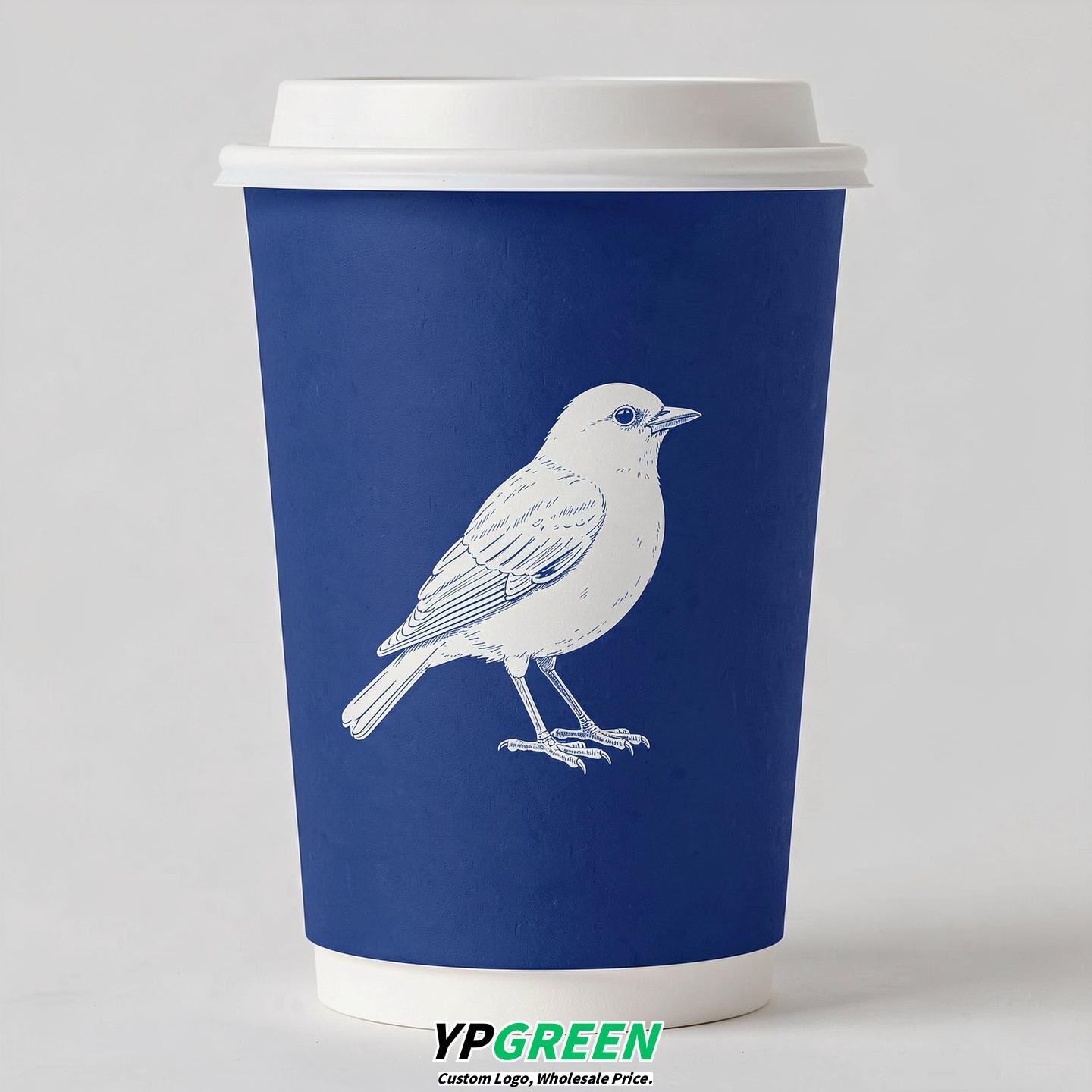 Royal Blue Paper Cups with Bird Logo & Lids 8-24oz