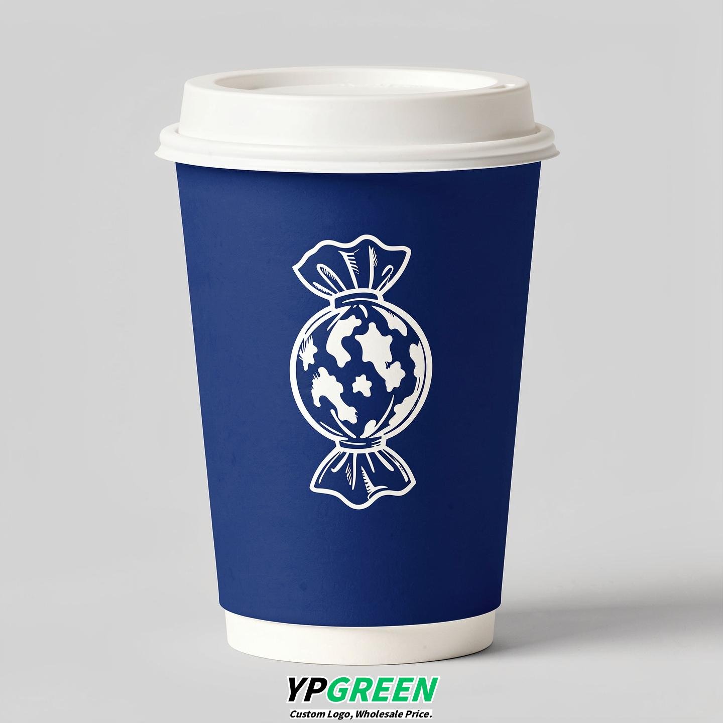 Royal Blue Paper Cups with Candy Logo & Lids 8-24oz
