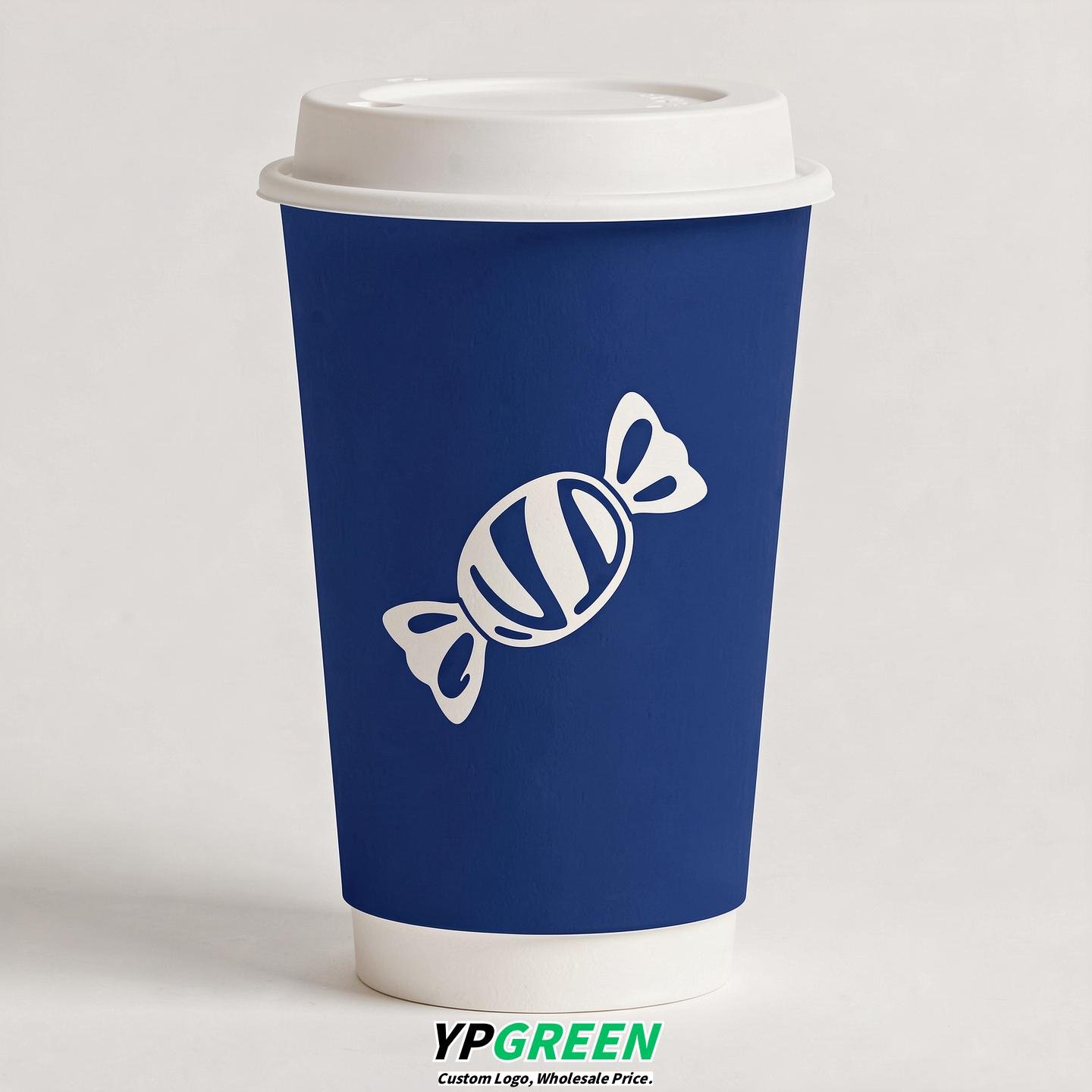 Royal Blue Paper Cups with Candy Logo & Lids 8-24oz