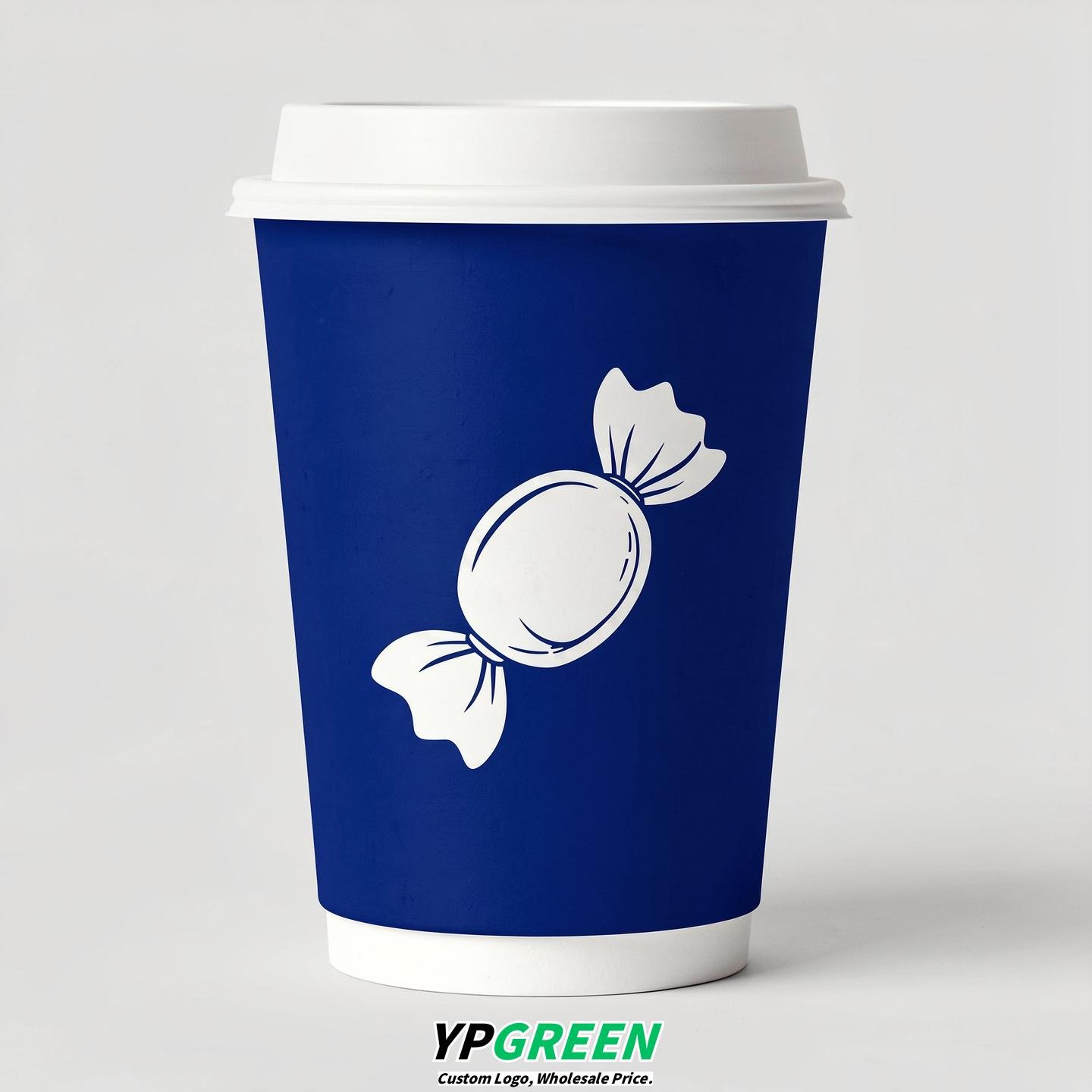 Royal Blue Paper Cups with Candy Logo & Lids 8-24oz