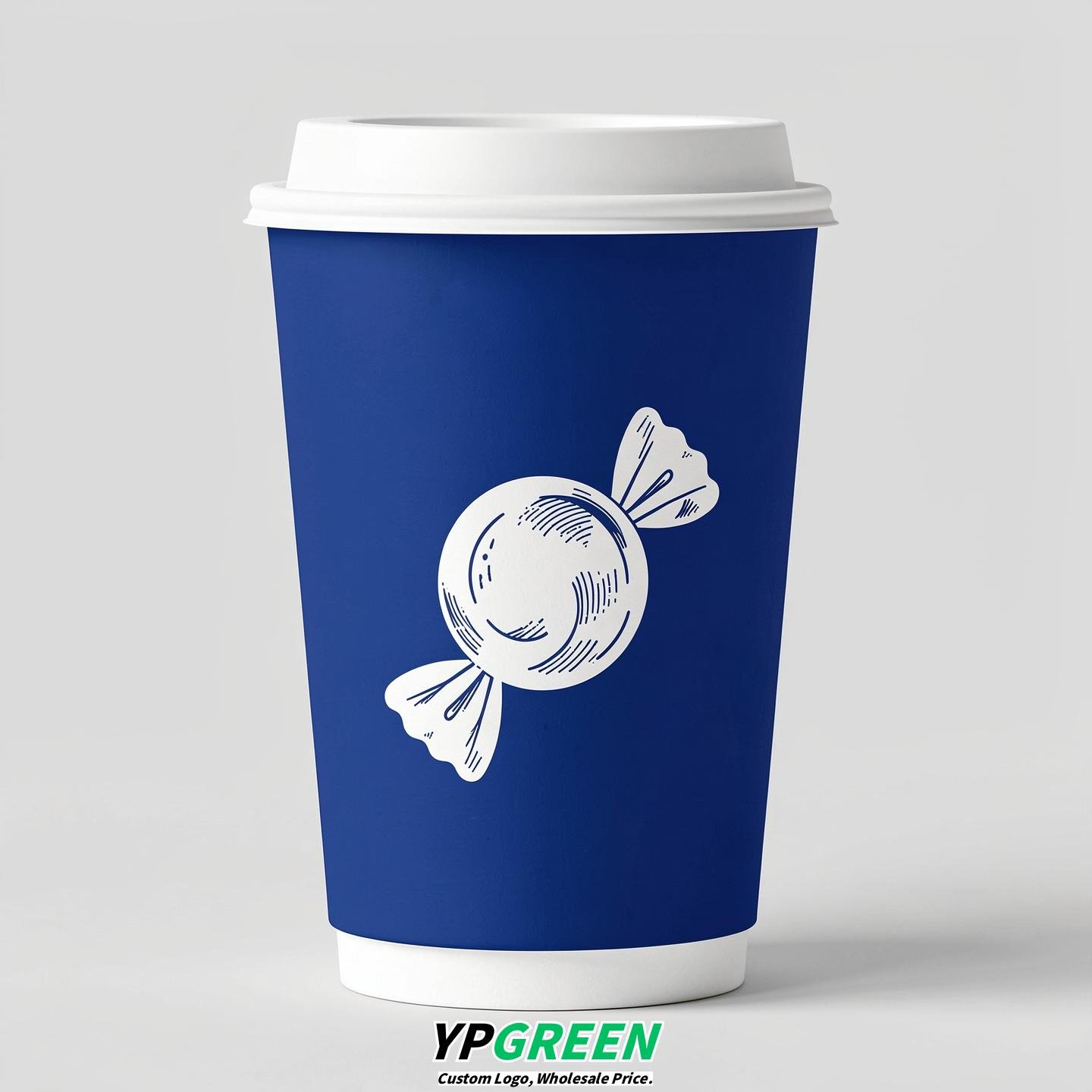 Royal Blue Paper Cups with Candy Logo & Lids 8-24oz