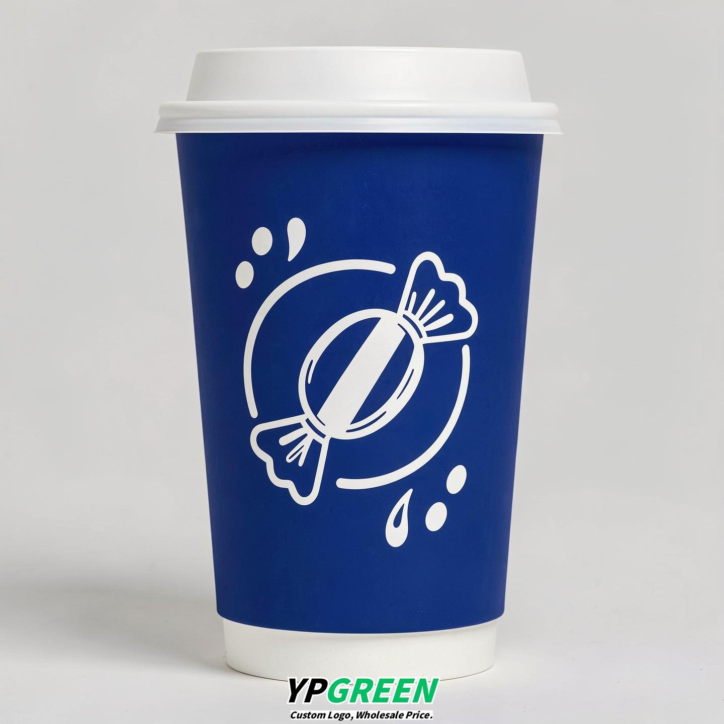Royal Blue Paper Cups with Candy Logo & Lids 8-24oz