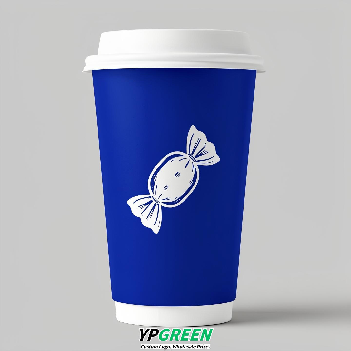 Royal Blue Paper Cups with Candy Logo & Lids 8-24oz
