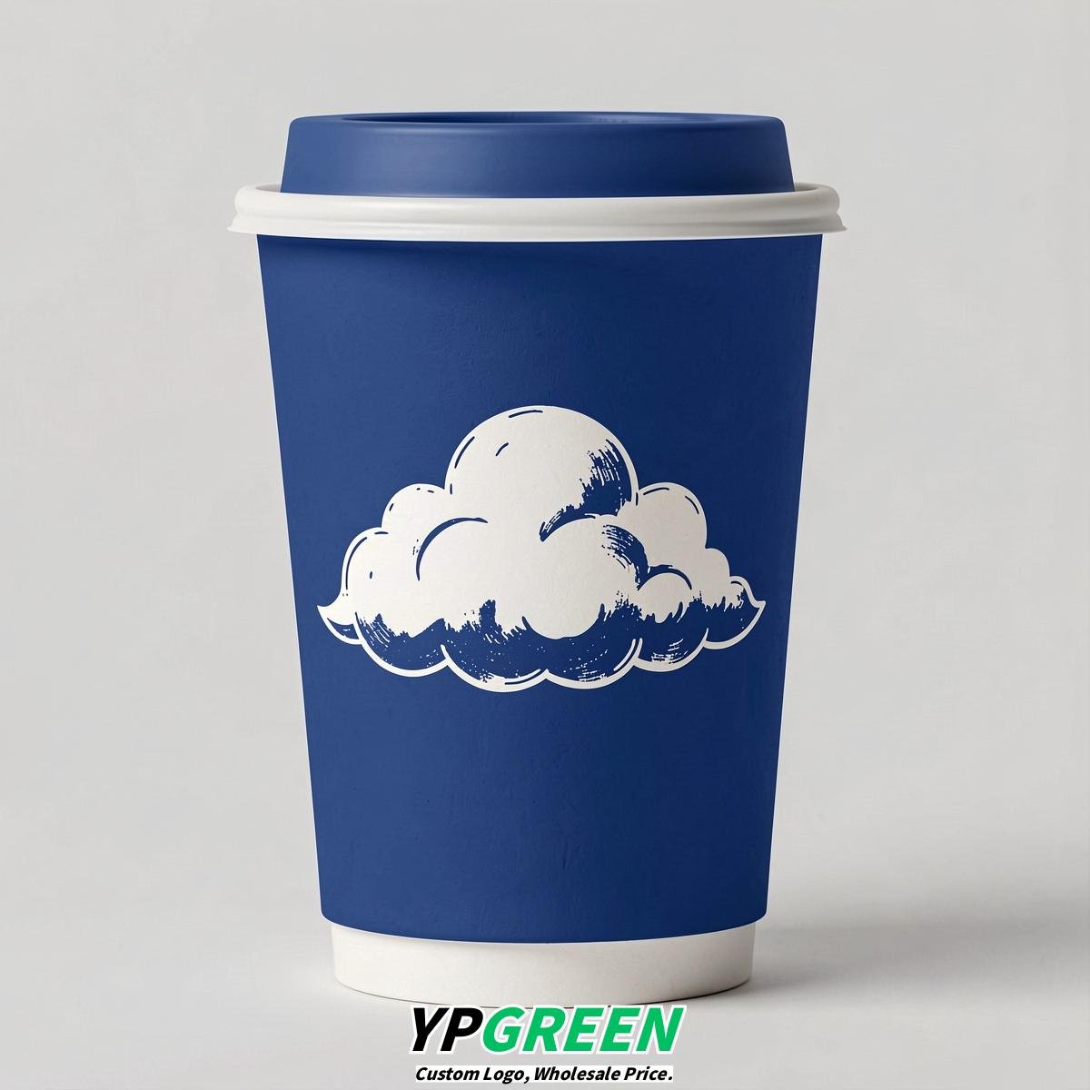Royal Blue Paper Cups with Clouds Logo & Lids 8-24oz