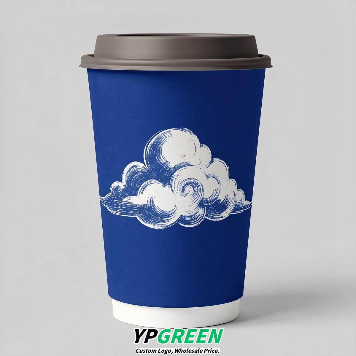 Royal Blue Paper Cups with Clouds Logo & Lids 8-24oz