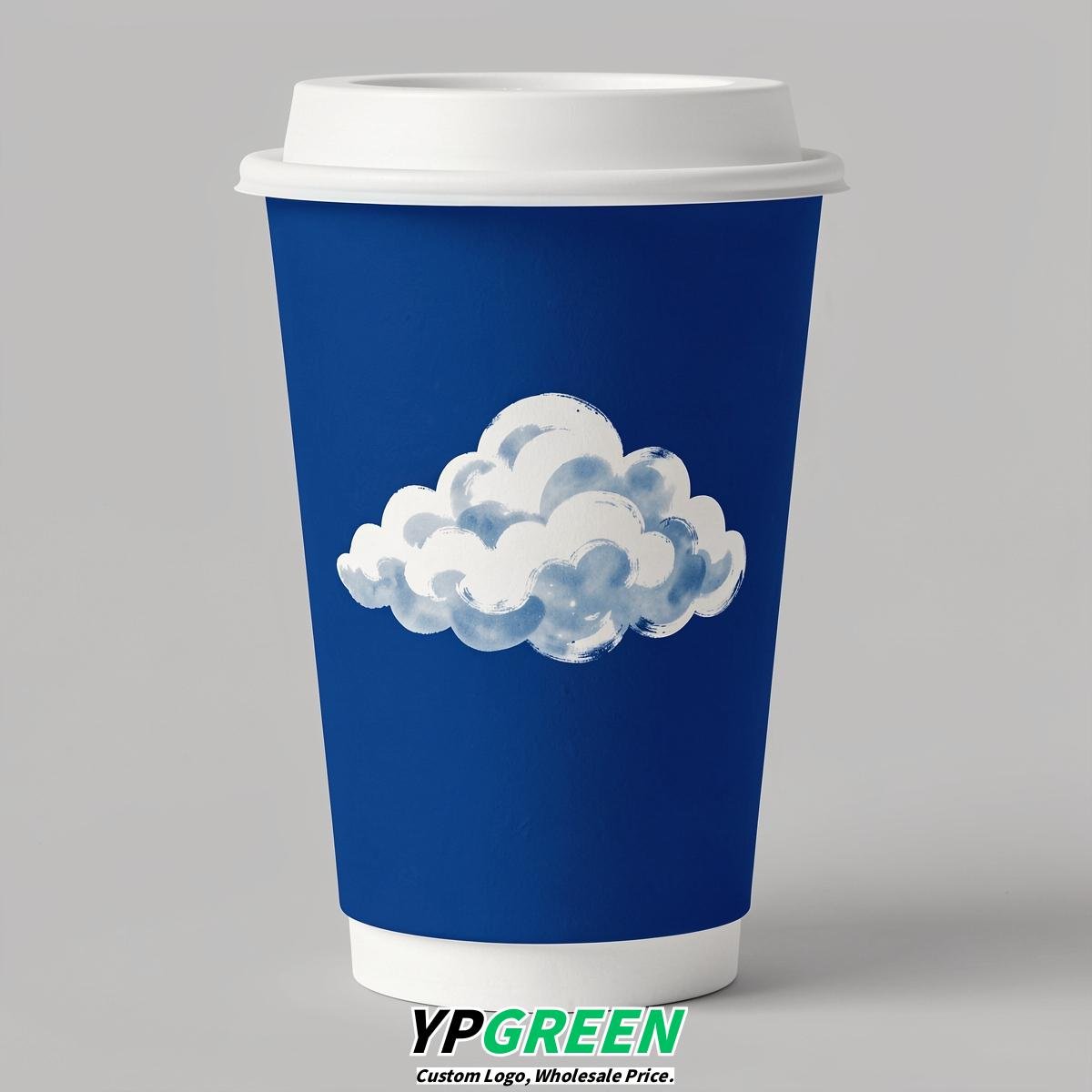 Royal Blue Paper Cups with Clouds Logo & Lids 8-24oz