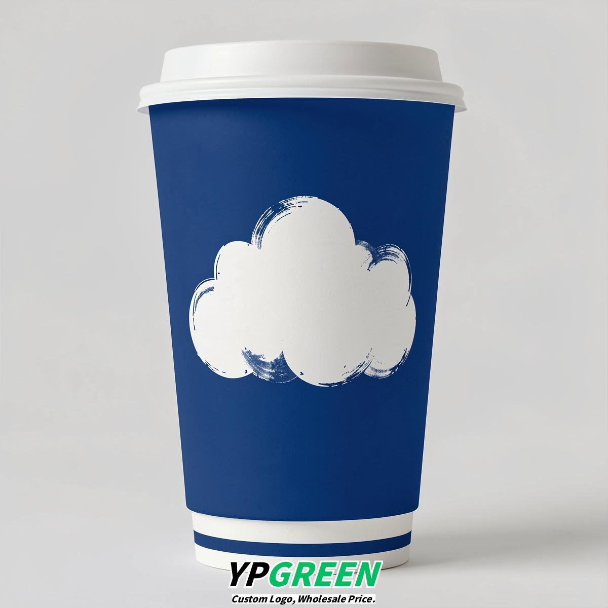 Royal Blue Paper Cups with Clouds Logo & Lids 8-24oz