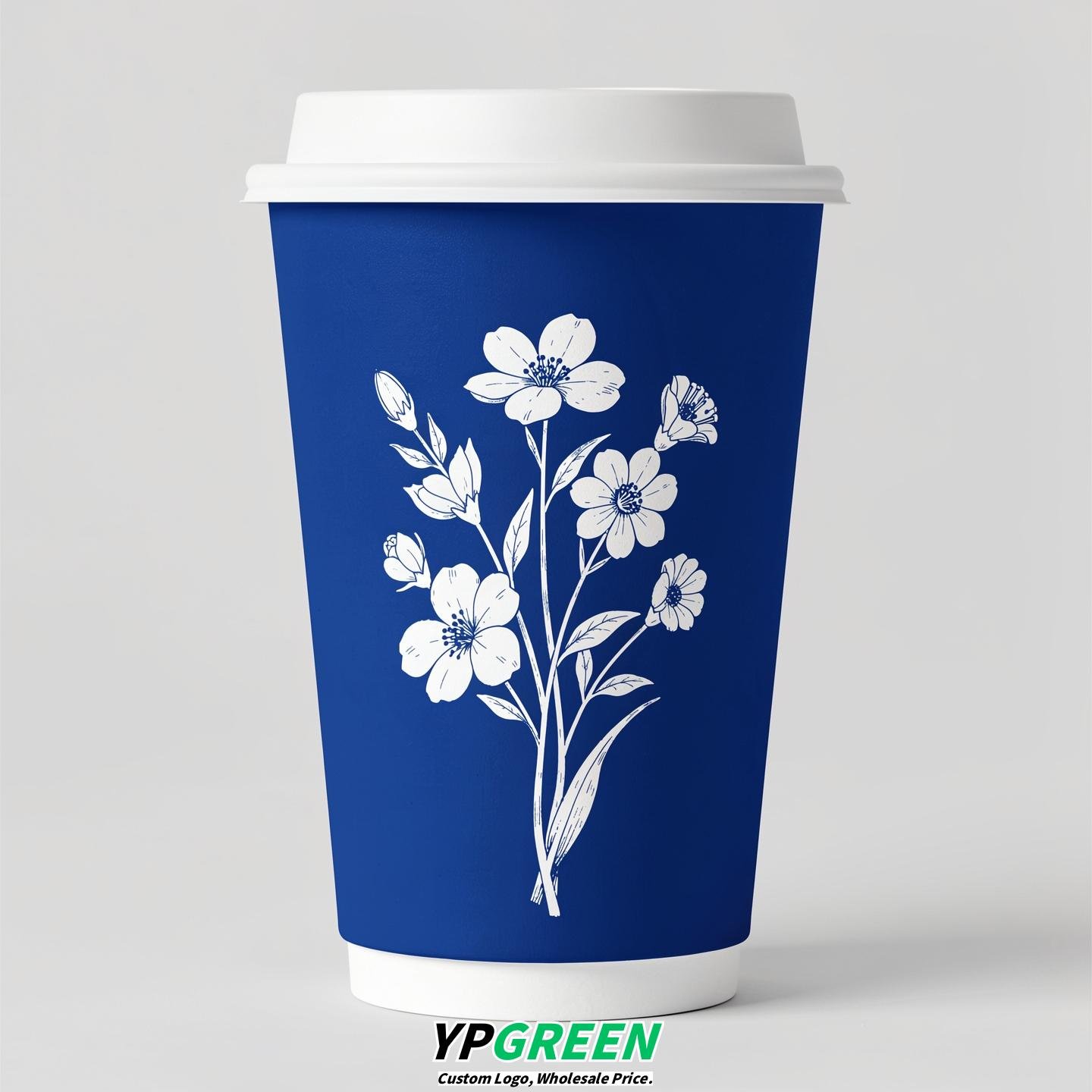Royal Blue Floral Paper Cups with Lids 8-24oz