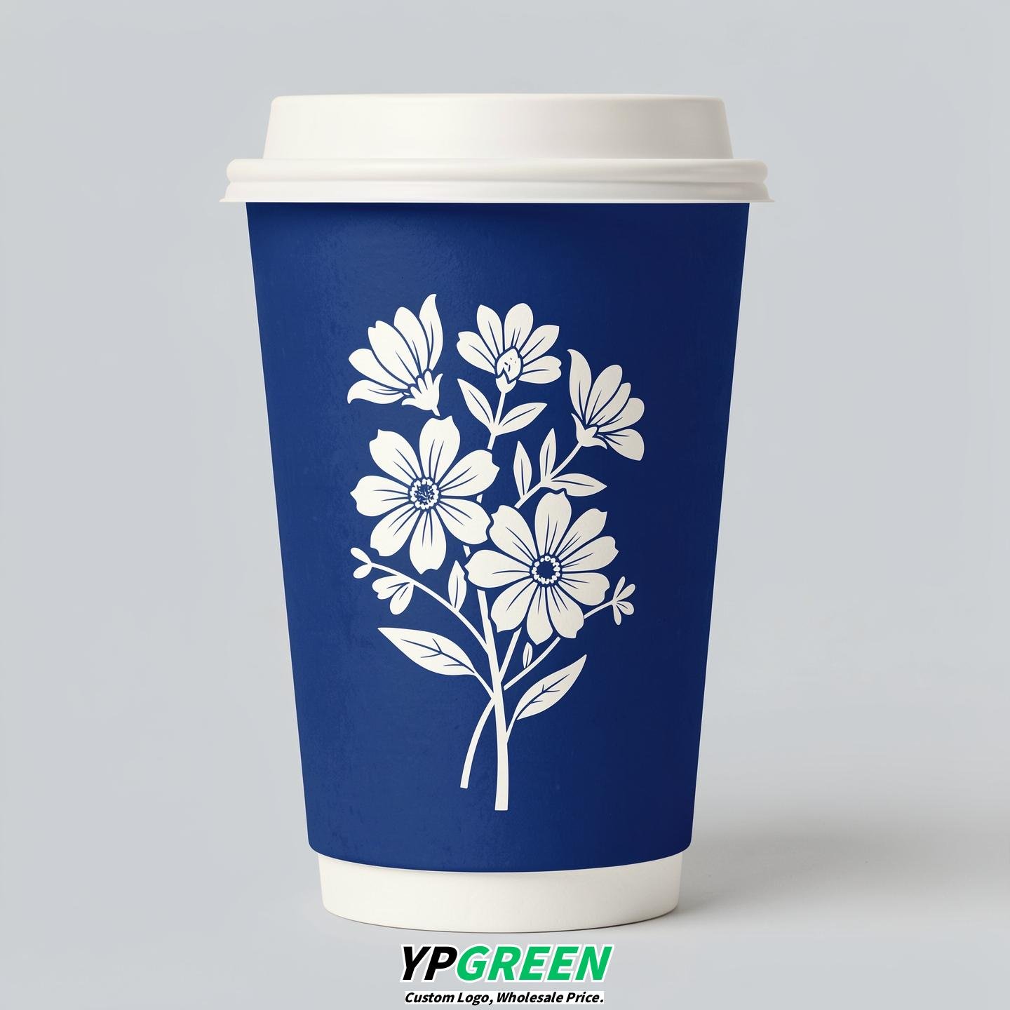 Royal Blue Floral Paper Cups with Lids 8-24oz