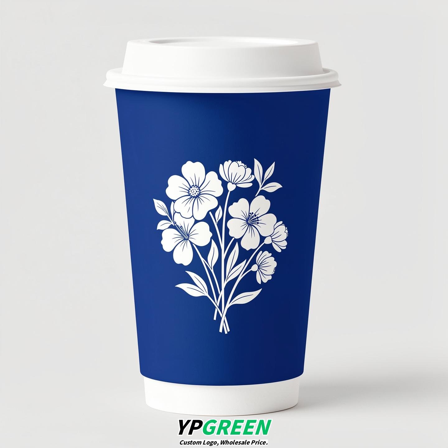 Royal Blue Floral Paper Cups with Lids 8-24oz