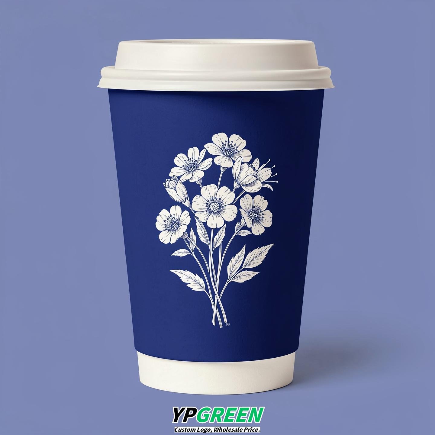 Royal Blue Floral Paper Cups with Lids 8-24oz