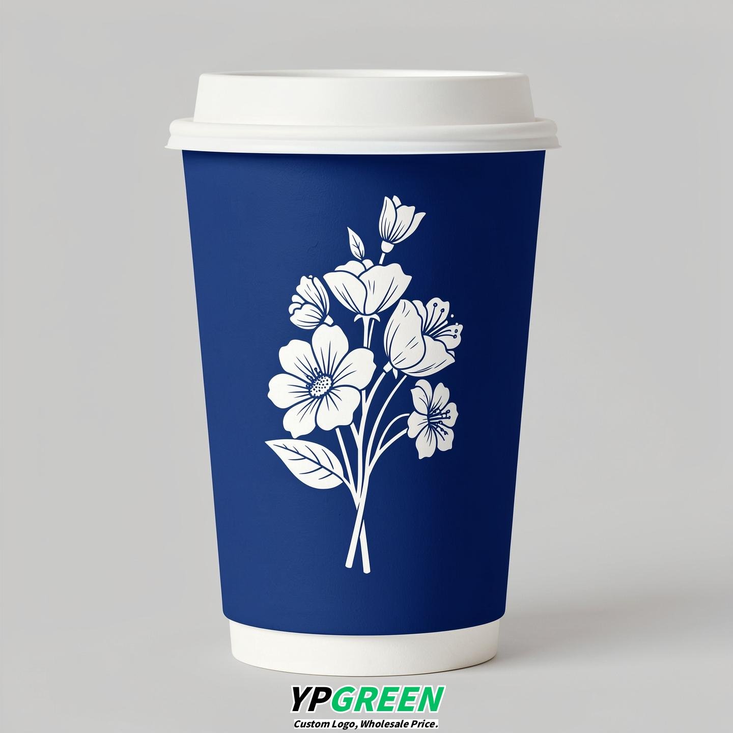 Royal Blue Floral Paper Cups with Lids 8-24oz