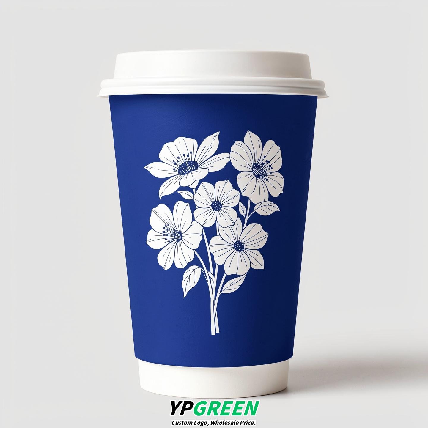 Royal Blue Floral Paper Cups with Lids 8-24oz