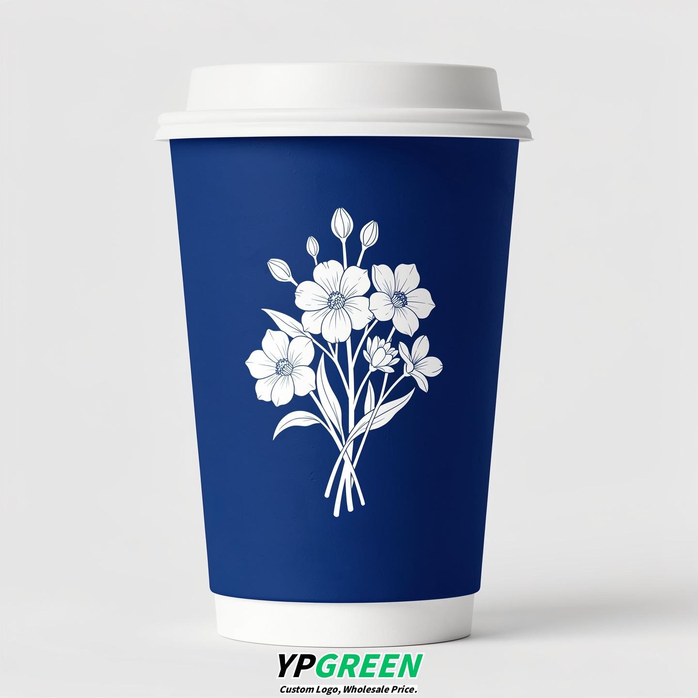 Royal Blue Floral Paper Cups with Lids 8-24oz