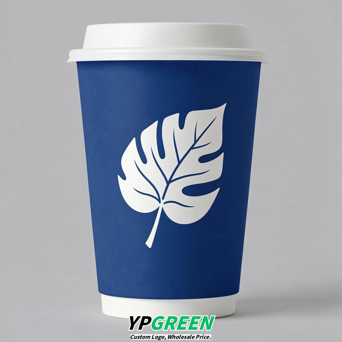 Royal Blue Leaves Paper Cups with Lids 8-24oz