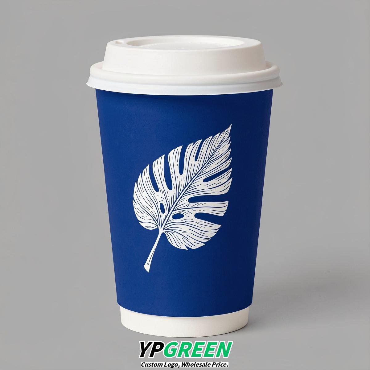 Royal Blue Leaves Paper Cups with Lids 8-24oz