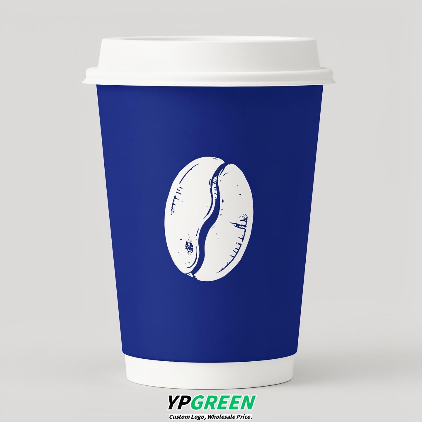 Royal Blue Paper Cups with Coffee Bean Logo & Lids 8-24oz