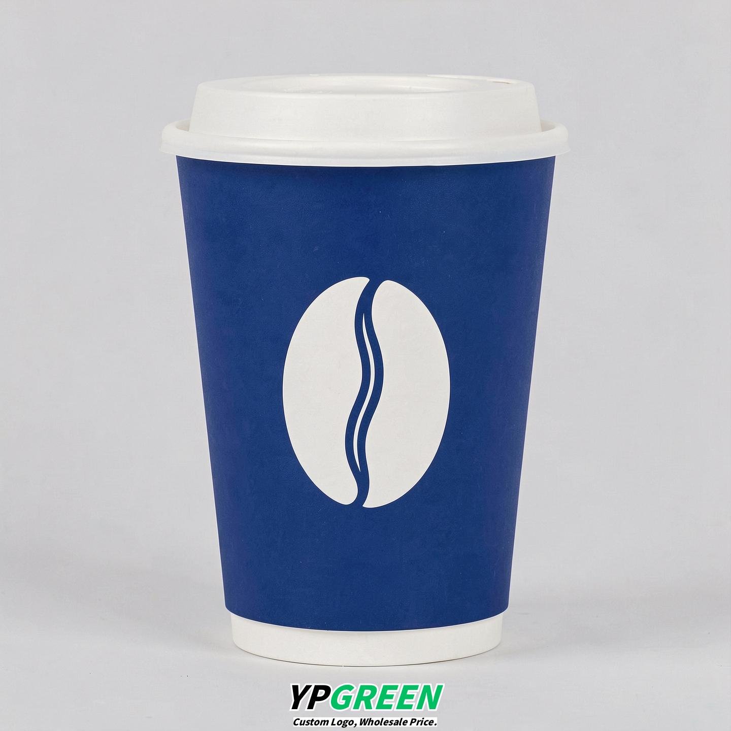 Royal Blue Paper Cups with Coffee Bean Logo & Lids 8-24oz