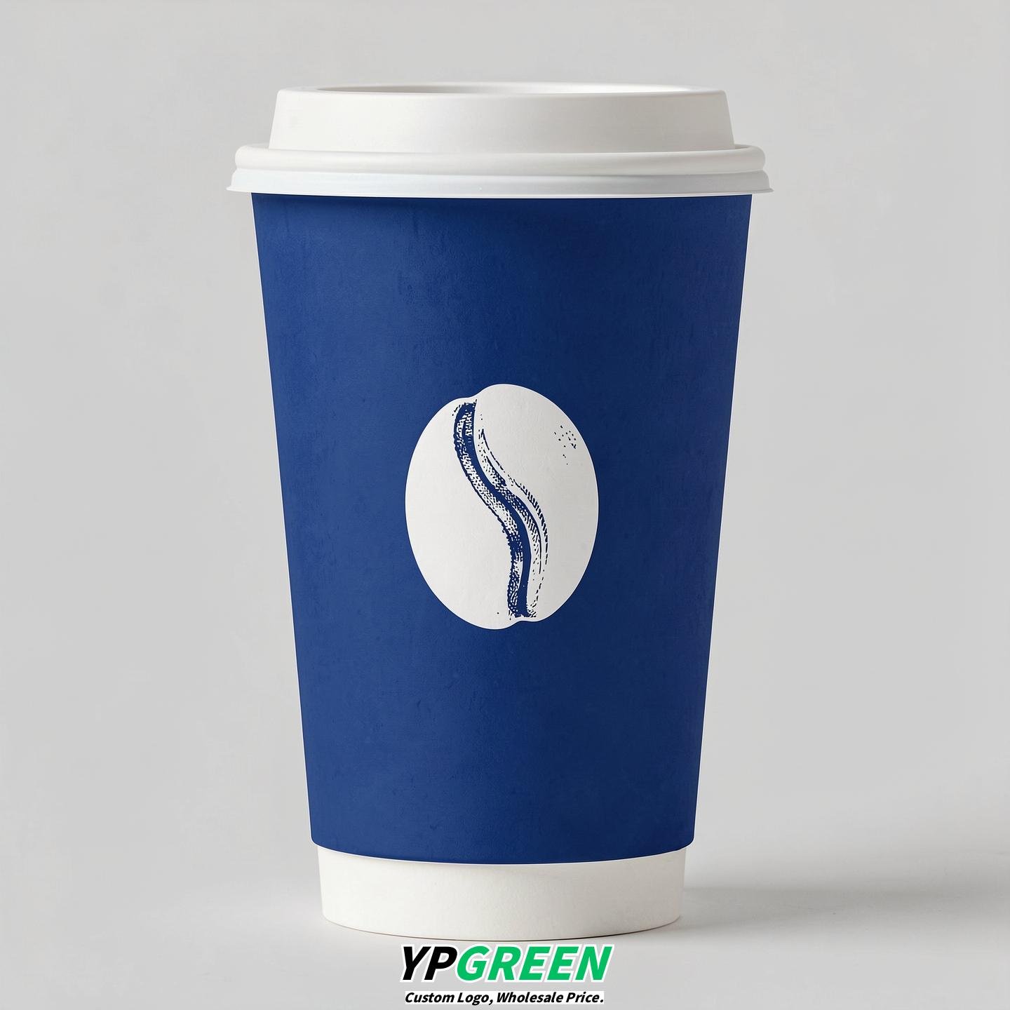 Royal Blue Paper Cups with Coffee Bean Logo & Lids 8-24oz