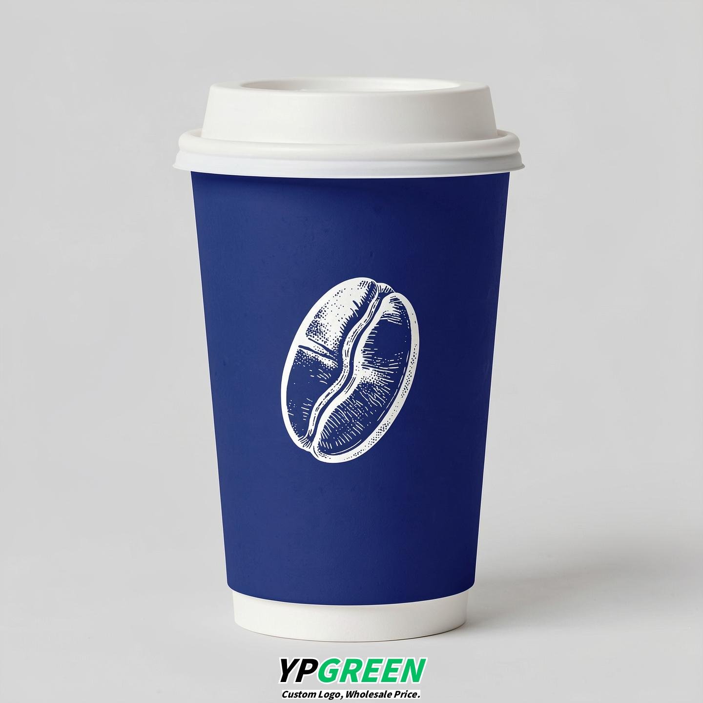 Royal Blue Paper Cups with Coffee Bean Logo & Lids 8-24oz