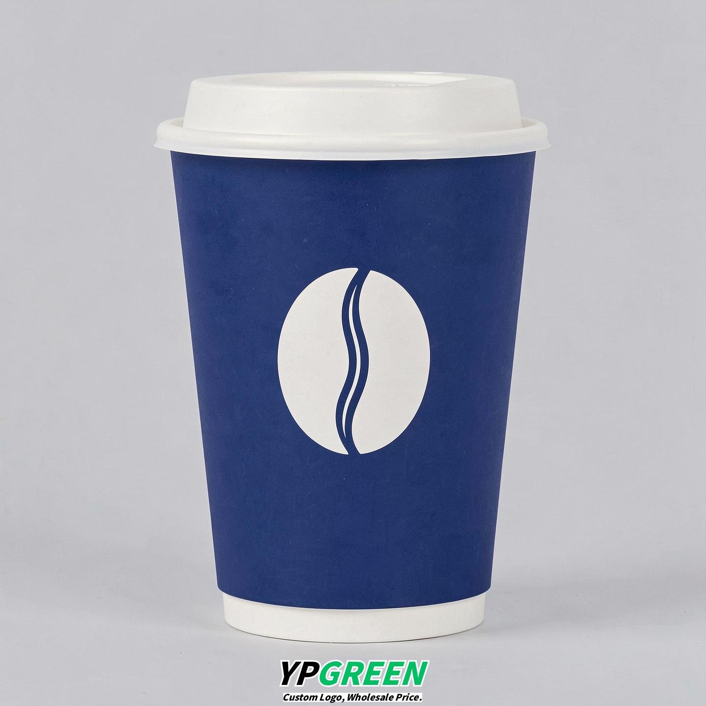 Royal Blue Paper Cups with Coffee Bean Logo & Lids 8-24oz