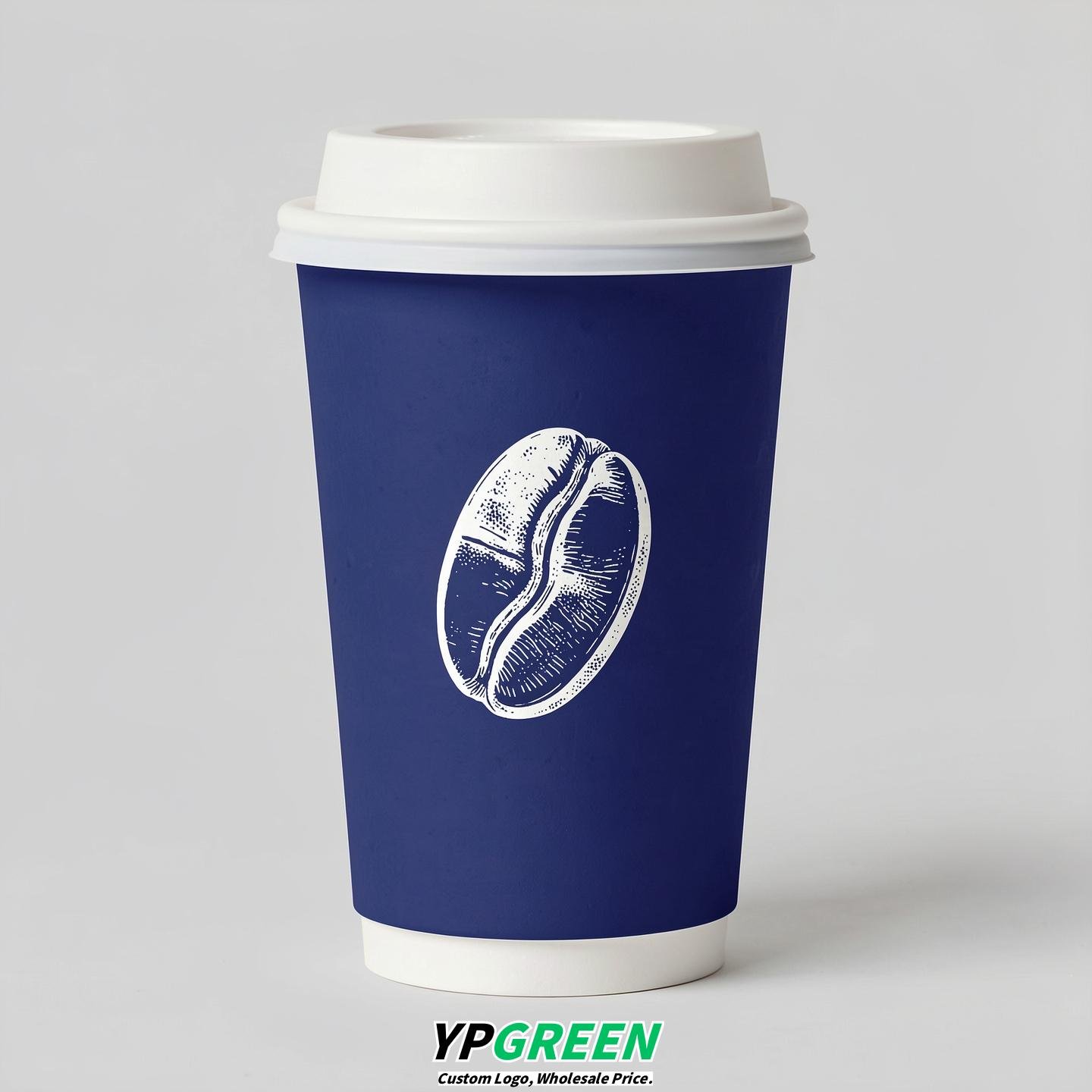 Royal Blue Paper Cups with Coffee Bean Logo & Lids 8-24oz