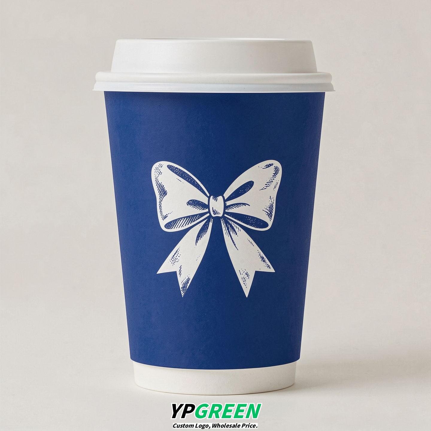 Royal Blue Paper Cups with Bow Logo & Lids 8-24oz