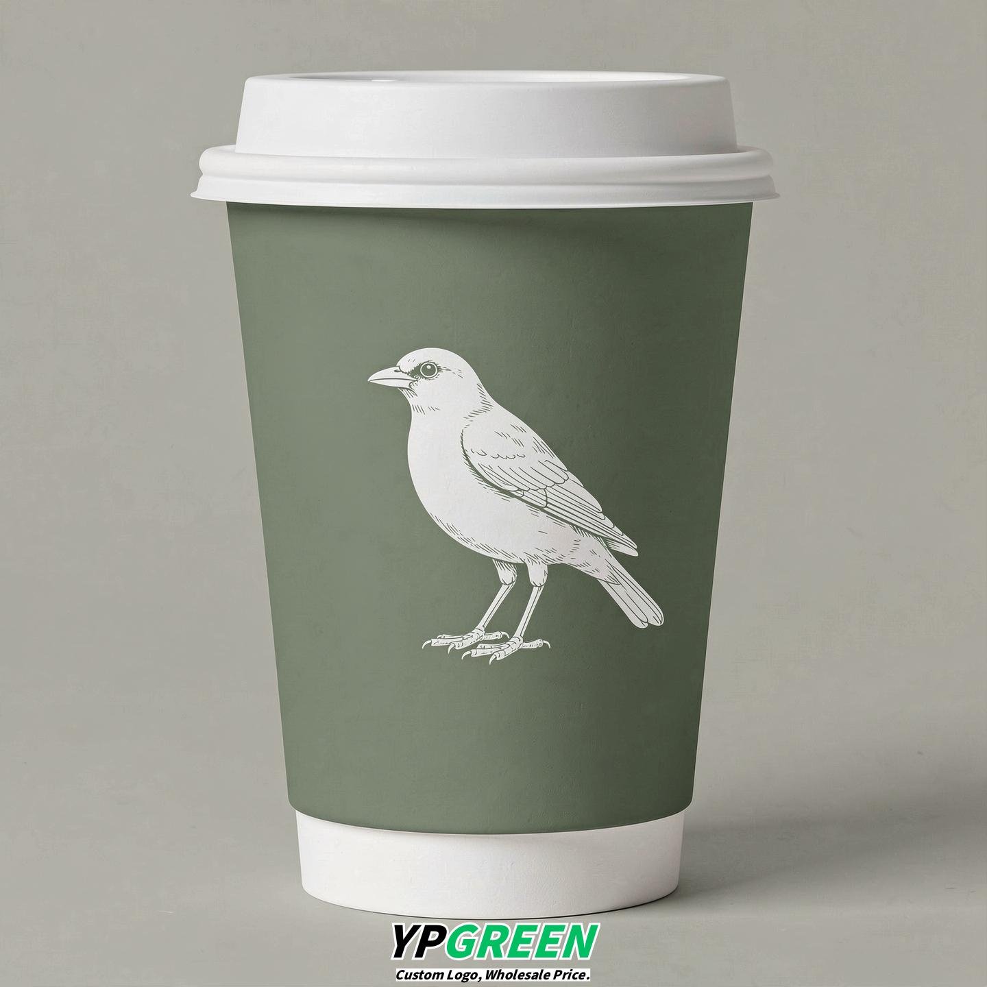 Sage Green Paper Cups with Bird Logo & Lids 8-24oz