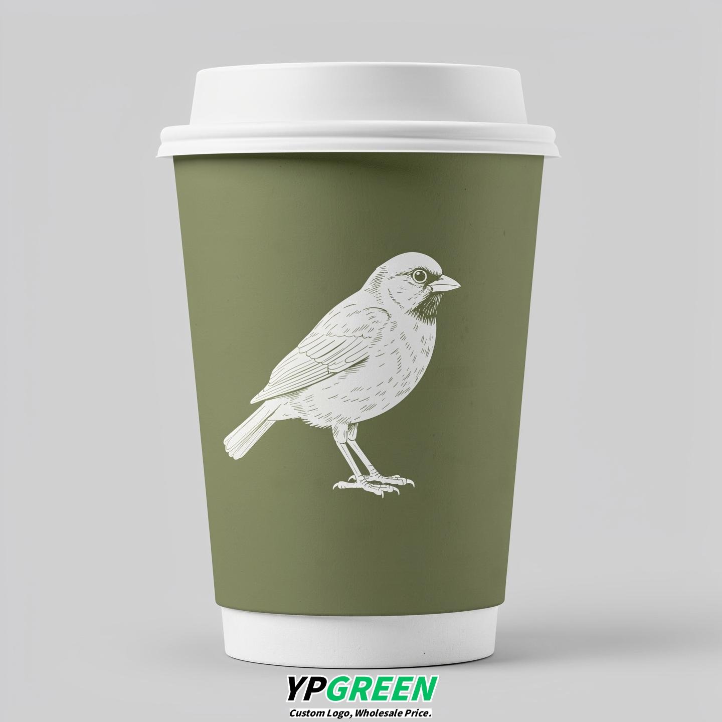 Sage Green Paper Cups with Bird Logo & Lids 8-24oz